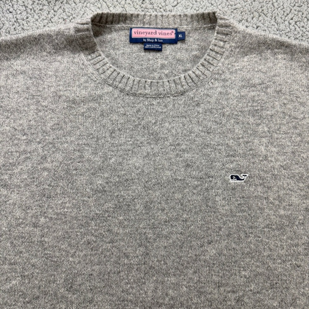 Vineyard Vines Mens XL Lambswool Crewneck Sweater Heather Grey Whale Logo Knit